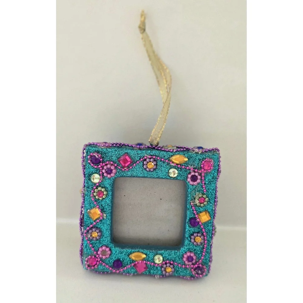 Teal Glitter Mini Picture Frame Ornament Beaded Jeweled Easel Back‎ Square 3in
